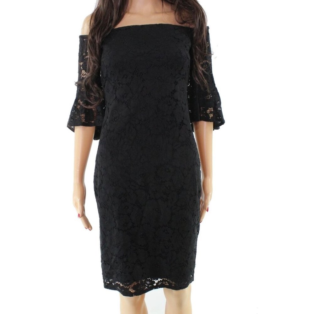 Shelli Segal stretchy lace off-shoulder fit dress